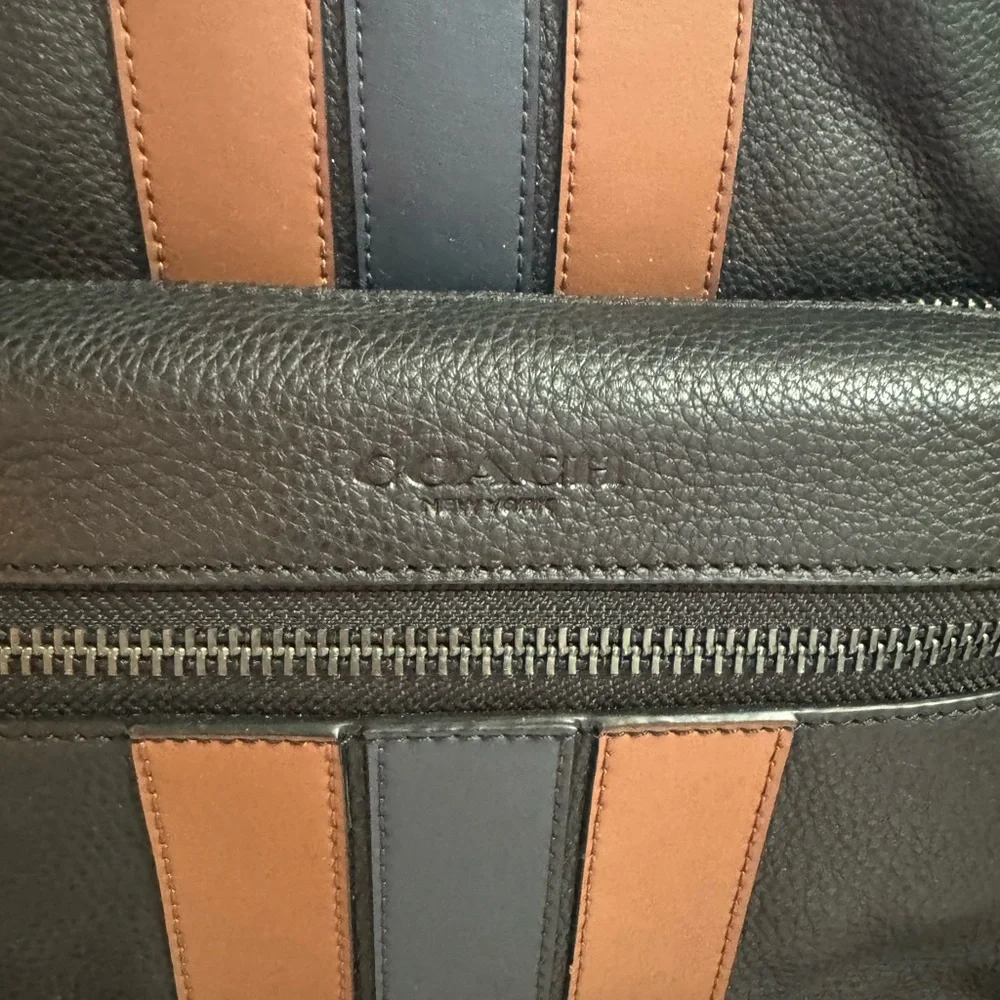 Coach Black Leather Backpack with Brown and Navy Stripes